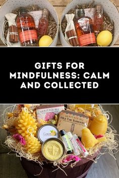 gifts for mindfulness calm and collected in two buckets with text overlay that reads, gifts for mindfulness calm and collected