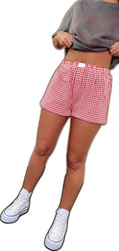 Casual Plaid Pajama Shorts With Elastic Waistband, Gingham Cotton Shorts For Daywear, Casual Plaid Short Sleepwear, Casual Plaid Pajama Shorts, Plaid Shorts For Pajama Party, Plaid Short Bottoms For Pajama Party, Gingham Shorts With Elastic Waistband, Plaid Short Bottoms For Loungewear, Casual Gingham Pajama Shorts