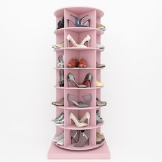 there is a pink shelf with many pairs of shoes on the top and bottom shelves