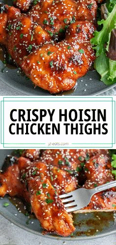 crispy hoisin chicken thighs on a plate with lettuce