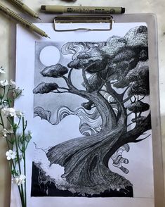 an ink drawing of a tree and some flowers