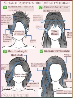 (小红书 ID: 45949276) suitable hairstyles for diamond face shapes. translated by me. do not reupload. reupload = BLOCKED 𓇢𓆸 Diamond Face Haircut, Diamond Face Shape Hairstyles, Hairstyle Generator, Diamond Face Hairstyle, Rectangle Face, Haircut For Face Shape, Oval Face Haircuts, Hairstyle Names, Hairstyles With Glasses