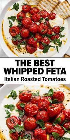 Whipped feta with roasted tomatoes Baked Feta Appetizer With Tomatoes, Pita And Dip Platter, Roasted Tomato Appetizer Appetizers, Roasted Feta Dip, Dips With Tomatoes, Whipped Feta And Roasted Tomatoes, Whipped Feta And Tomatoes, Whipped Feta With Tomatoes, Bruchetta Appetizers With Feta