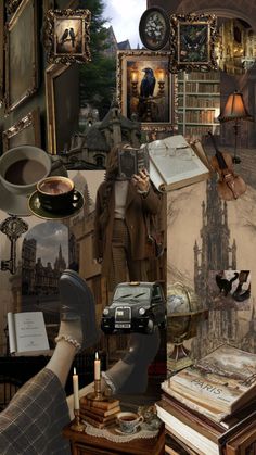 a collage of pictures with books, clocks and other items