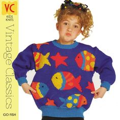 "VINTAGE 80's KNIT | Kids \"Go Fish\" Picture Sweater | PDF Instant Upload Pattern  A SCANNED, REFORMATTED and ENHANCED COPY of a Vintage Kids Pattern Collection. Designed with fun, bright colors, this pattern was part of an extremely popular \"Hot Tamales\" kids program in the late 80's.   Super cute fish motif in fun, bright shades. Round neck with long sleeves in pullover style. A versatile pattern, can be made in worsted cotton, wool blend or acrylic. Quick and easy to knit.   SIZES TO FIT S Fun Y Knitted Sweater, Picture Sweater, Vintage Sweater Pattern, Kids Sweater Pattern, Kids Knitting Patterns, Hot Tamales, Fish Motif, Cute Fish, Programming For Kids