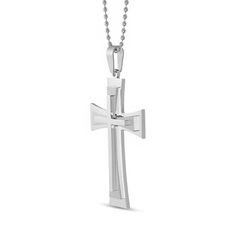 The clever layered look of this cross pendant for him adds depth and dimension to this eye-catching style. Fashioned in sleek stainless steel, this design features a traditional center cross that tops two flare-edged crossed. This dimensional design is polished to a brilliant shine and suspends along a 22.0-inch bead chain that secures with a lobster claw clasp. Modern Stainless Steel Cross Pendant Necklace, Layered Crosses, Bead Chain, Layered Look, Beaded Chain, Cross Pendant, Lobster Claw, Stainless Steel, Chain