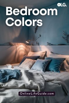 a bedroom with blue walls and white bedding is featured in the online life guide