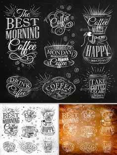 coffee badges and lettering set on chalkboard