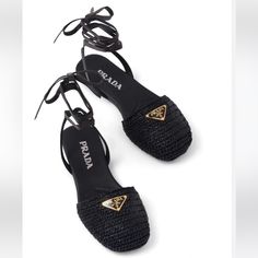 Black Raffia Lace Up Sandals By Prada. These Have Never Been Work. Comes With Box, Dust Bags And Authentication Cards. Size 37. I Bought These Last Summer (2023) But Never Wore Them! Prada Raffia, Shoes Prada, Lace Up Sandals, Prada Shoes, Summer 2023, Women's Shoes Sandals, Shoes Sandals, Prada, Dust Bag