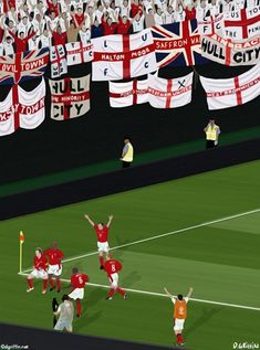 a group of people standing on top of a soccer field holding up flags in the air