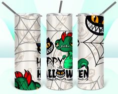 three tumblers with different designs on them