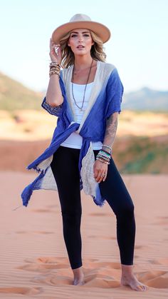 The 4-piece set features our From Sea to Sea Kimono in blue with our Seamless Cami in white, our High Waisted Leggings in black and our Crescent Light Pendant Necklace! FOUR items for one amazing price, only $39.99 {reg. $94.00}. Hurry, going fast! Bohemian Outfits For Women, Boho Outfit Ideas, Bohemian Outfits, Outfit Of The Week, Three Bird Nest, Pocket Maxi Dress, Boho Outfit, Outfit For Women, Boho Chic Outfits