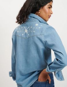 Denim Floral Embroidered Shirt Casual Embroidered Collared Tops, Embroidered Relaxed Fit Collared Blouse, Embroidered Collared Blouse Relaxed Fit, Embroidered Collared Blouse With Relaxed Fit, Casual Embroidered Collared Shirt, Long Sleeve Cotton Tops With Embroidered Hem, Long Sleeve Cotton Top With Embroidered Hem, Casual Long Sleeve Shirt With Floral Embroidery, Fall Collared Tops With Floral Embroidery