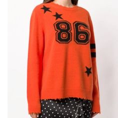 Like New! Red Valentino 86 Knit Orange And Black Varsity Star Sweater. Size S. Worn And Dry Cleaned Once. Orange Virgin Wool 86 Knit Jumper From Redvalentino Featuring A Ribbed Crew Neck, Ripped Details, Long Sleeves, A Ribbed Hem And Cuffs And An Intarsia Knit. Star Sweater, Red Valentino, Knit Jumper, Lady In Red, Orange Black, Sweater Sizes, Scoop Neck, Jumper, Sweaters For Women