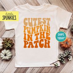 Vintage Pumpkin Season, Cutest Pumpkin in the Patch Toddler Natural T-Shirt, Fall Shirts for Kids PRODUCTION TIME Little Spunkies from the designer/owner of Spunky Pineapple Co https://www.etsy.com/shop/SpunkyPineappleCo   All baby and toddler clothes are 100% designed and printed with water based ink. All orders placed before 12:00 pm EST are shipped out same day (Monday - Friday). Orders received after noon are shipped out the next business day. ONESIES® BRAND Made from 100% Cotton. We print on Onesies® Brand. T-SHIRT Made from 100% Cotton. These run true to size. If you are in between sizes we suggest sizing up. CARE Machine wash in cold water, inside out, and tumble dry.   SHIPPING All orders are shipped out via USPS First Class Mail (3-4 days).   Shipping upgrades are available at che Fall Tshirt Designs, Cutest Pumpkin In The Patch, Cricut Shirts, Vintage Pumpkin, Cute Sewing Projects, Patches Shirt, Toddler Fall, Autumn T Shirts, Pumpkin Season