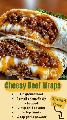 two burritos with cheese and ground beef on them