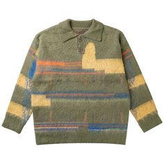 Stay warm and stylish this season with our abstract stripe polo sweater. The unique combination of earthy tones and soft textures makes it a standout piece for your fall wardrobe, perfect for layering or wearing on its own. Material: Crafted from a luxurious blend of 40% nylon, 25% acrylic, 20% wool, and 15% polyester, the polo sweater offers warmth, softness, and breathability. The fluffy texture adds a cozy, comfortable feel, while the mix of fabrics ensures durability and flexibility for long-term wear. Design: Featuring an abstract stripe pattern with warm, earthy tones, the warm jacquard sweater stands out with its irregular design, making it a unique addition to any wardrobe. The button-up polo collar adds a touch of retro-inspired style, making it both casual and versatile. Style: P Street Style For Men, Apricot Sweater, Denim Jacket Winter, Streetwear Clothes, Jacquard Sweater, Jacket Parka, Autumn Sales, Polo Sweater, Knit Fashion