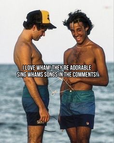 two men standing next to each other on top of a beach with the caption, i love what they're adorable sing