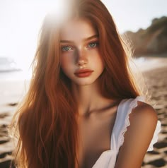 a woman with long red hair standing on the beach looking at the camera while wearing a white top