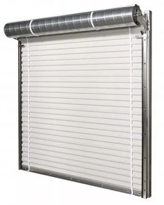 an overhead roller up door with blinds on the side and bottom bars attached to it