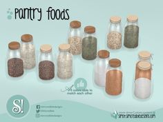 there are many different types of pantry foods in glass jars with wood lids and wooden caps