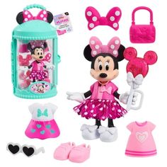 minnie mouse doll with accessories including shoes, purse and dress up outfit for kids to play in