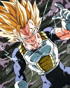 the dragon ball hero is in action with his fists out and one hand up, as if