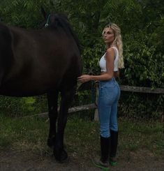 a woman standing next to a brown horse