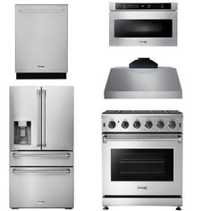 four different stoves and refrigerators are shown in this image, one is stainless steel