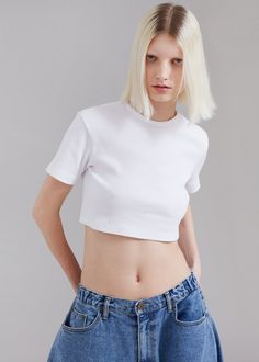 Nico Cropped Tee - White Summer Cropped Ribbed T-shirt, Classic Fitted T-shirt With Ribbed Collar, Solid Cotton Top With Ribbed Collar, Cotton Top With Ribbed Collar, Cotton Tops With Ribbed Collar, White T-shirt With Ribbed Neckline For Spring, Everyday White Ribbed Top, Spring Ribbed Stretch Tops, Summer Crew Neck Top With Ribbing