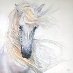 a painting of a white horse with long hair blowing in the wind on a white background