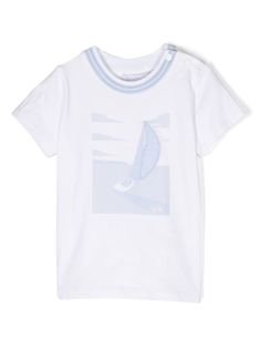 white/light blue stretch-cotton graphic print to the front button fastening at the shoulder round neck short sleeves straight hem Light Blue Logo Print T-shirt For Summer, Summer Light Blue T-shirt With Logo Print, Logo Azul, Boys Top, Ballet Flat Shoes, Skirted Swimwear, Baby Tshirts, Curator Style, Jeans Dress