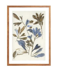 blue and brown flowers in a wooden frame