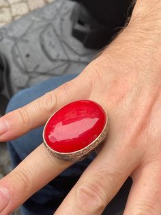 Man Red Jade Stone Ring , Silver Large Stone Ring , Ottoman Style Embroidered Ring , Turkish Handmade Sterling Silver Ring , Gift For Him ★Item Details * Gender : Male / Female * Material : 925K Sterling Silver * Total weight : 40 Grams * Gemstone : Jade Stone * Stone Size : 30x40mm ✔ Ready to Ship in 1-2 Business Days .. ✔ Shipped to the Worldwide 1-5 business days with free shipping... ✔ The product will be sent to you with a handmade wooden box to avoid any damage during shipping... ✔ Visit o Artisan Red Oval Jewelry, Red Oval Enamel Ring For Gift, Oval Red Enamel Ring For Gift, Artisan Red Jewelry For Wedding, Red Handmade Jewelry For Wedding, Red Artisan Jewelry For Wedding, Traditional Red Oval Jewelry, Red Enamel Gemstone Ring For Gift, Red Gemstone Enamel Ring Gift