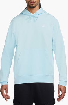 Cotton-rich fleece keeps you comfy in a street-ready hoodie with the classic Swoosh logo on the chest. 27" length (size Medium) Drawstring hood Kangaroo pocket 80% cotton, 20% polyester Machine wash, tumble dry Imported Mens Sportswear, Fleece Hoodie, Nike Men, Blue White, Sweatpants