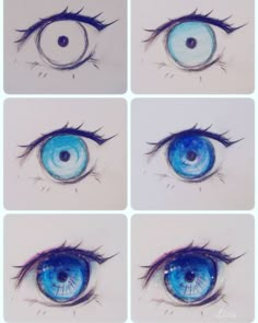 four different pictures of an eye with blue eyes