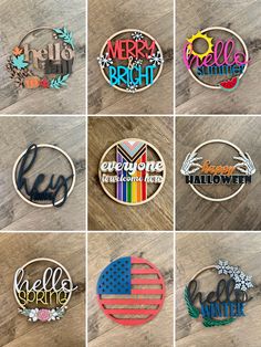 six different metal badges with the words hello spring, hello summer, hello fall and hello winter on them