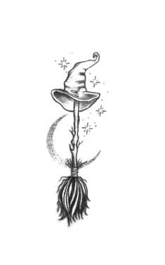 a black and white drawing of a wizard's hat on top of a broom