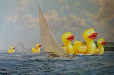 several yellow rubber ducks are in the water with a sailboat and another ducky