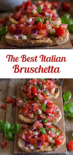 some bread with tomatoes and other toppings on it, along with the words quick & easy bruschetta