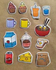 several stickers with different foods and drinks on them