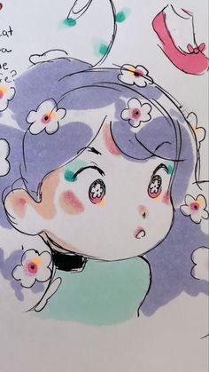 a drawing of a girl with flowers in her hair