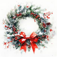 a watercolor painting of a christmas wreath with red bows and berries on white background