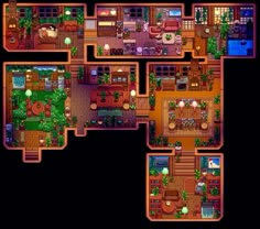 the floor plan of a house with different rooms and furniture in each room, including an open living area