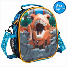 an orange and blue dinosaur lunch bag with its mouth open