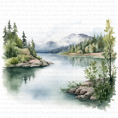 a watercolor painting of a lake surrounded by trees