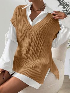 Women V-Neck Solid Color Casual Split Hem Knit Vest Apricot Casual   Knitwear Plain  Slight Stretch  Women Clothing, size features are:Bust: ,Length: ,Sleeve Length: Chaleco Casual, Sleeveless Outfit, Loose Knit Sweaters, Legging Sport, Sweater Vest Women, Casual Vest, Vest Fashion, Look Casual, Knit Vest