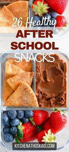 two plastic containers filled with food and the words healthy after school snacks written on them