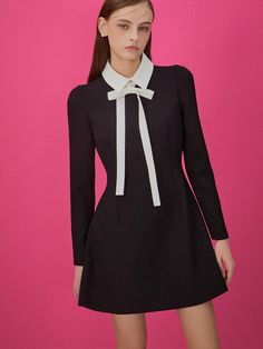 This is a modern and feminine dress by IvanaHelsinki that is made out of high quality and sturdy material. With distinctive mood of the design and comfortable wear, you can style it for your modern daily outfit.- Color contrasting collar and detachable ribbon- Lovely A line silhouiette- Mini length and slim waistline Chic A-line Tweed Dress For Work, Chic Dresses With Contrast Collar, Chic Fitted Mini Dress With Doll Collar, Chic Fitted Dress With Embellished Collar, Chic Long Sleeve Tweed Dress For Evening, Chic Long Sleeve Tweed Evening Dress, Elegant Black Dress With Contrast Trim, Elegant Black Dresses With Contrast Trim, Chic Mini Length Tweed Dress For Work