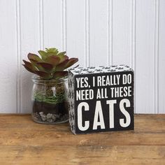 there is a small potted plant next to a box that says yes, i really do need all these cats